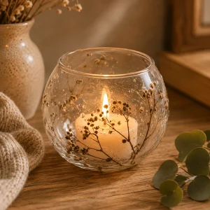 Natural Floral Glass Bowl Candle Holder – Margarita (8x10cm) with a softly glowing candle, featuring delicate preserved wildflowers and botanical details, displayed on a rustic wooden table in a warm, calming slow living interior.