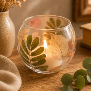 Natural Floral Glass Bowl Candle Holder – Primavera (8x10cm) with a softly glowing candle, featuring delicate preserved leaves and botanical details, displayed on a rustic wooden table in a warm, calming slow living interior.