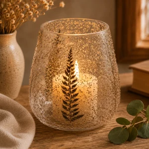 Natural Floral Glass Large Bowl Candle Holder – Pino (15x12cm) with a softly glowing pillar candle, featuring preserved fern and delicate botanical details, displayed on a rustic wooden table in a warm, peaceful slow living interior.