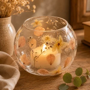 Natural Floral Glass Large Bowl Candle Holder – Rosa (12x13cm) with a softly glowing pillar candle, featuring delicate pressed flowers and botanical details, displayed on a rustic wooden table in a warm, calming slow living interior.