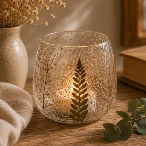 Natural Floral Glass Straight Candle Holder – Pino (10x9cm) with a softly glowing candle, featuring preserved fern and delicate botanical details, displayed on a rustic wooden table in a warm, peaceful slow living interior.