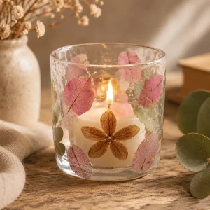 Natural Floral Glass Straight Candle Holder – Primavera (8x8cm) with a softly glowing candle, featuring delicate pressed pink leaves and dried flowers, displayed on a rustic wooden table in a warm, calming slow living interior.