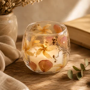 Natural Floral Glass Straight Candle Holder – Rosa (8x8cm) with a softly glowing candle, featuring delicate pressed flowers and pink petals, displayed on a rustic wooden table in a warm, peaceful slow living setting.
