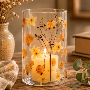 Natural Floral Glass Tall Vase Candle Holder – Rose (19x11cm) with a softly glowing pillar candle, featuring delicate pressed flowers and botanical details, displayed on a rustic wooden table in a warm, tranquil slow living interior.