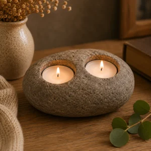 Natural Riverstone Double Nightlight Candle Holder crafted from smooth river stone, holding two softly glowing tealight candles and displayed on a rustic wooden table in a warm, peaceful slow living interior.