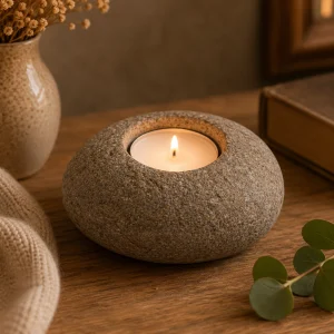 Natural Riverstone Single Nightlight Candle Holder crafted from smooth river stone, holding a softly glowing tealight and displayed on a rustic wooden table in a warm, peaceful slow living interior.