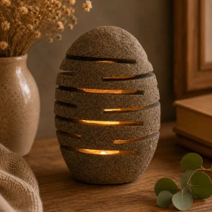 Natural Riverstone Candle Holder – Standing Stone Cut (10×13×22cm) with a warm glowing candle shining through carved stone openings, displayed on a rustic wooden table in a calm, nature-inspired slow living interior.