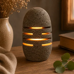 Natural Riverstone Candle Holder – Standing Stone Cut (9×20cm) with a warm glowing candle shining through carved stone openings, displayed on a rustic wooden table in a peaceful, nature-inspired slow living interior.