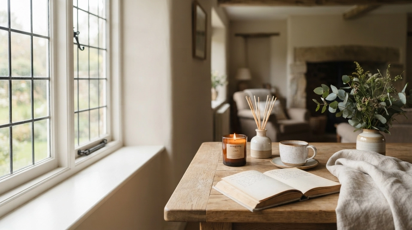 A cosy home with natural candles, home fragrance and warm neutral décor inspired by slow living.