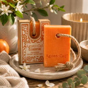Agnes + Cat Soap on a Rope – Clementine displayed on a ceramic soap dish with fresh clementines, citrus blossom, soft linen and eucalyptus, creating a bright spa-inspired bathroom scene in warm natural light with a calm slow living atmosphere.