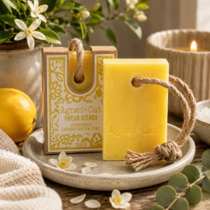 Agnes + Cat Soap on a Rope – Fresh Citrus displayed on a ceramic soap dish with fresh lemons, citrus blossom, soft linen and eucalyptus, creating a bright spa-inspired bathroom scene in warm natural light with a fresh slow living atmosphere.