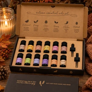 Autumn Essential Oil Gift Set displayed in an open premium gift box on a rustic wooden table with twelve essential oils, glass droppers, autumn leaves, pine cones, soft knitted fabric and a glowing candle in a cosy seasonal slow living setting.