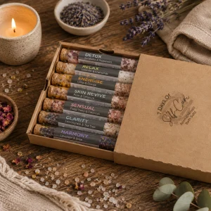 Bath Salts in Vials Gift Pack of 7 displayed in a kraft presentation box with seven individual aromatherapy bath salt vials, surrounded by lavender, botanicals, natural linen and a glowing candle in a calming spa-inspired slow living setting.