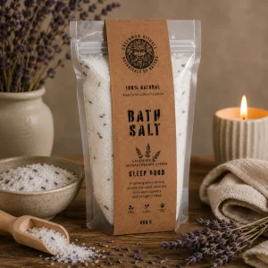 Greenman Rituals Lavender Aromatherapy Epsom Bath Salt – Sleep Good displayed on a rustic wooden table with dried lavender, bath salts in a ceramic bowl, a wooden scoop, soft linen and a glowing candle in a calming spa-inspired slow living setting.