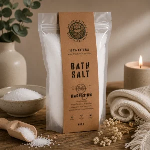 Greenman Rituals Magnesium Epsom Bath Salt – Pure Formula displayed on a rustic wooden table with natural bath salts, a wooden scoop, soft linen, dried flowers and a glowing candle in a calming spa-inspired slow living setting.