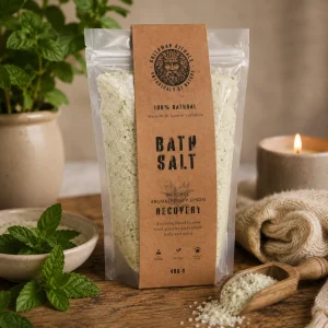Greenman Rituals Menthol Aromatherapy Epsom Bath Salt – Recovery displayed on a rustic wooden table with fresh mint leaves, natural linen, a wooden scoop of bath salts and a softly glowing candle in a calming spa-inspired slow living setting.