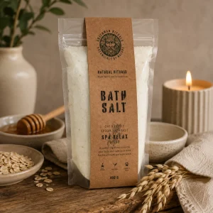 Greenman Rituals Oat & Honey Epsom Bath Salt – Spa Relax Blend displayed on a rustic wooden table with oats, honey, natural linen and a softly glowing candle, creating a peaceful spa-inspired slow living setting.