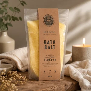 Greenman Rituals Vitamin C & Mandarin Epsom Bath Salt – Glow & Go displayed on a rustic wooden surface with soft linen, dried flowers and a glowing candle in a calming spa-inspired slow living setting.