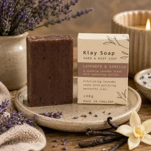 Klay Soap – Lavender and Vanilla displayed on a ceramic soap dish with dried lavender, vanilla pods, soft linen and eucalyptus, creating a calming spa-inspired bathroom scene in warm natural light with a relaxing slow living atmosphere.