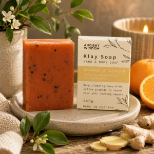 Klay Soap – Orange and Ginger displayed on a ceramic soap dish with fresh orange slices, sliced ginger root, soft linen and eucalyptus, creating a warm spa-inspired bathroom scene in natural light with a fresh slow living atmosphere.