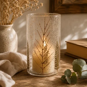 Natural Floral Glass Tall Vase Candle Holder – Pino (19x11cm) with a softly glowing candle, featuring preserved fern and botanical details, displayed on a rustic wooden table in a warm, calming slow living interior.