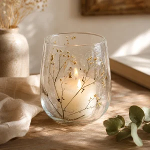 Natural Floral Glass Vase Candle Holder – Margarita (12x11cm) displayed with a softly glowing candle on a rustic wooden table, surrounded by dried flowers and natural textures in a warm, calming slow living interior.