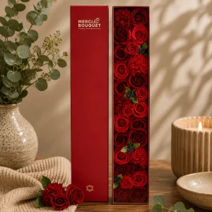 Red Rose Soap Flower Gift Box featuring elegant deep red floral soap roses beautifully presented in a luxury display box on a rustic wooden table with soft linen, ceramic accessories and warm natural light, creating a timeless and romantic slow living gift scene.