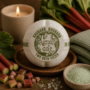 Rhubarb Rhubarb luxury bath fizzer by Agnes + Cat displayed on a rustic wooden tray with fresh rhubarb stalks, botanical bath salts, soft linen and a glowing candle in a calming spa-inspired slow living setting.