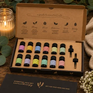 Spring Essential Oil Gift Set displayed in an open premium gift box on a rustic wooden table with twelve essential oils, glass droppers, eucalyptus leaves, soft linen and a glowing candle in a calming spa-inspired slow living setting.