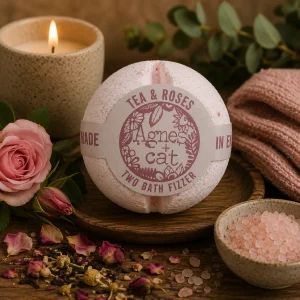 Tea & Roses luxury bath fizzer by Agnes + Cat displayed on a rustic wooden tray with pink roses, dried tea leaves, rose petals, pink bath salts, soft linen and a glowing candle in a calming spa-inspired slow living setting.