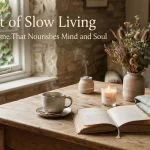 Featured image for "The Art of Slow Living", showing a cosy English cottage interior with a lit candle, herbal tea and open book.