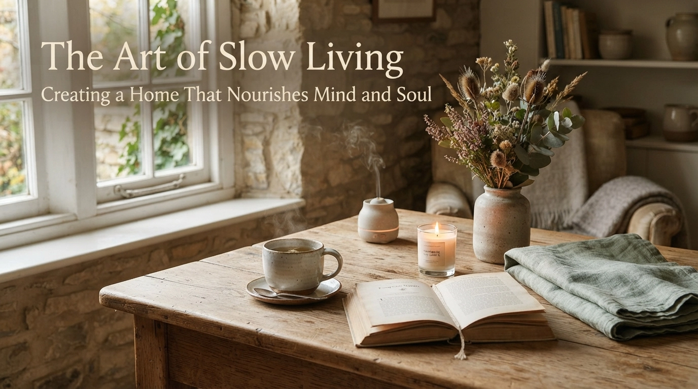Featured image for "The Art of Slow Living", showing a cosy English cottage interior with a lit candle, herbal tea and open book.