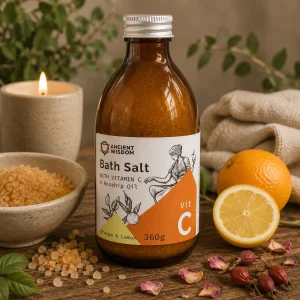 Vitamin C Bath Salt with Rosehip Oil – Feel Like an Ancient Goddess displayed in an amber apothecary bottle on a rustic wooden table with fresh orange, lemon, rosehips, bath salts, soft linen and a glowing candle in a calming spa-inspired slow living setting.
