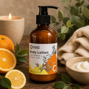 Vitamin C Body Lotion with Orange & Lemon Essential Oils displayed in an amber pump bottle on a rustic wooden table with fresh orange and lemon slices, soft linen, botanical greenery, nourishing body cream and a glowing candle in a calming spa-inspired slow living setting.