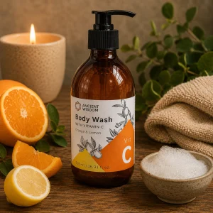 Vitamin C Body Wash with Orange & Lemon Essential Oils displayed in an amber pump bottle on a rustic wooden table with fresh orange and lemon slices, botanical greenery, soft linen, foaming body wash and a glowing candle in a calming spa-inspired slow living setting.