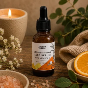 Vitamin C Face Serum displayed in an amber glass dropper bottle on a rustic wooden table with fresh orange slices, botanical greenery, pink Himalayan salt crystals, soft linen and a glowing candle in a calming spa-inspired slow living setting.