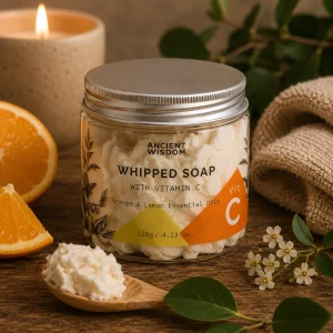 Vitamin C Whipped Soap with Orange & Lemon Essential Oils displayed in a clear jar on a rustic wooden table with fresh orange slices, a wooden spoon of whipped soap, botanical greenery, soft linen and a glowing candle in a calming spa-inspired slow living setting.