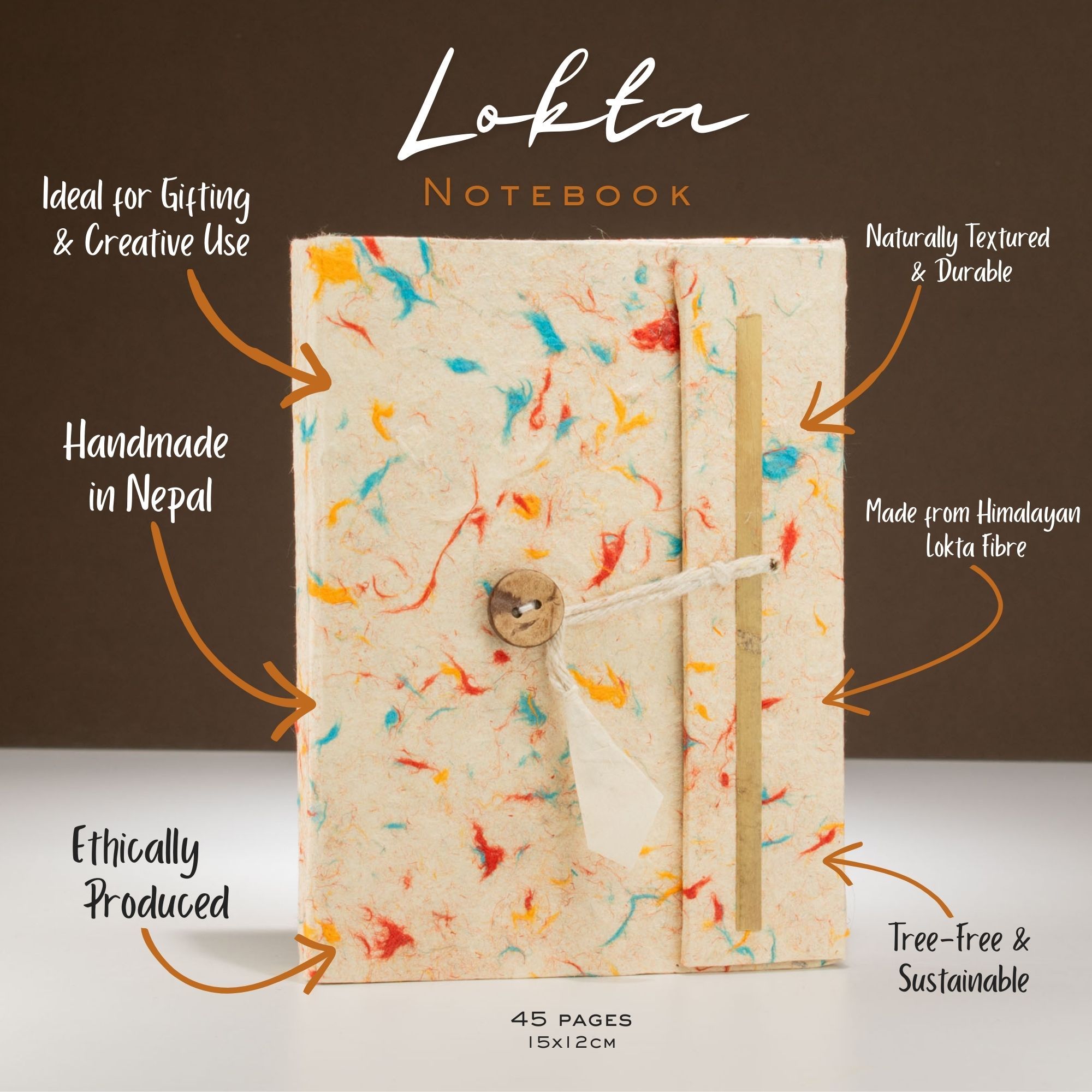 Handmade Lokta Paper Notebook – Mixed Colour Cotton – Medium, 15 × 12 cm – 45 Leaves - Image 2
