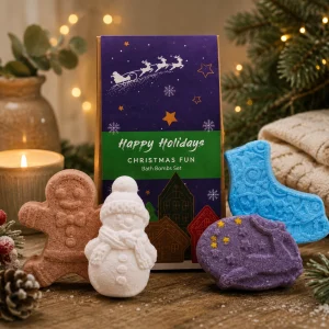 Christmas Fun Bath Bomb Gift Set displayed in a cosy festive setting with handcrafted gingerbread, snowman, reindeer and ice skate bath bombs.