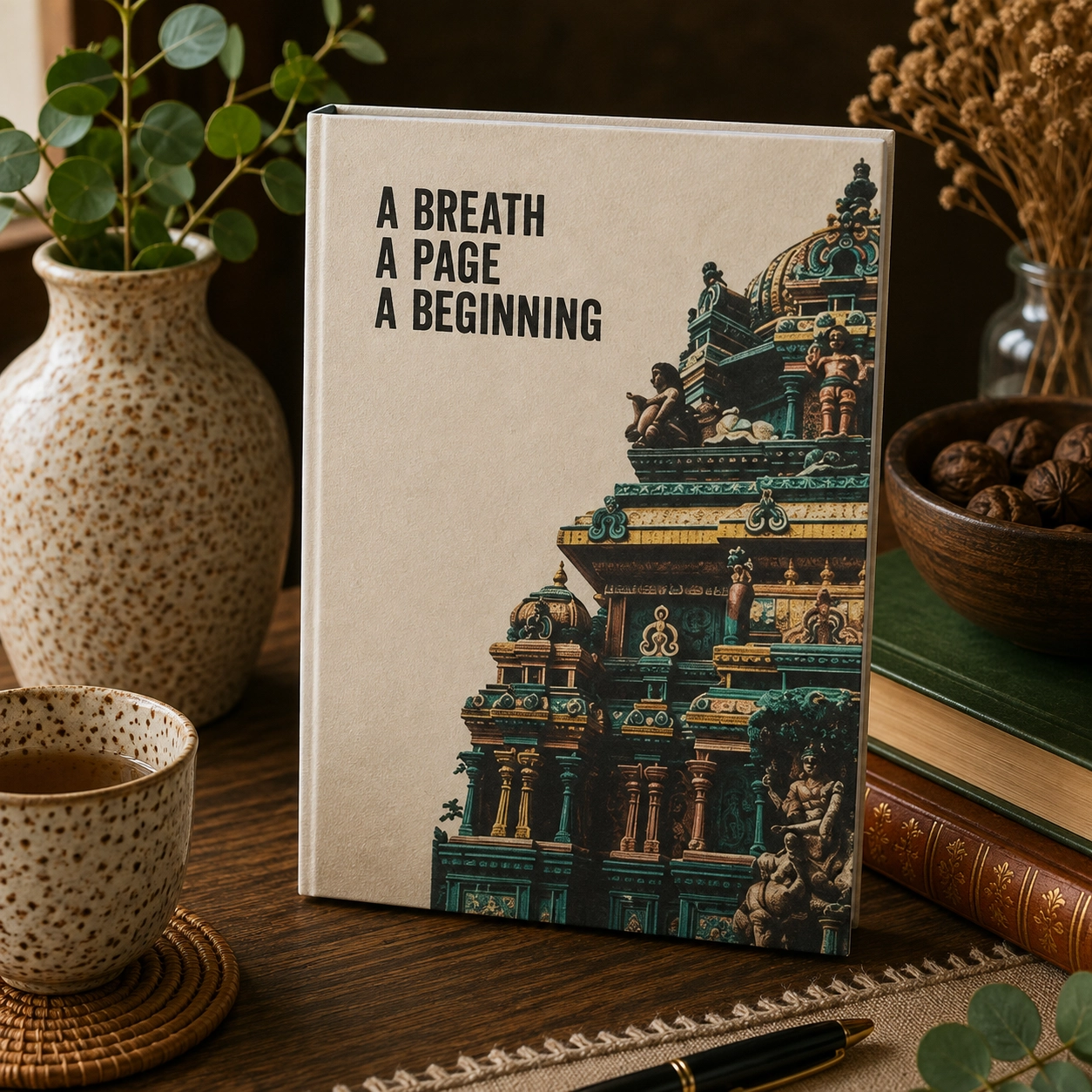 Handmade Lokta paper journal with “A Breath A Page A Beginning” design and intricate temple artwork displayed on a rustic wooden table with natural textures
