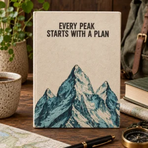 Handmade Lokta paper journal with βEvery Peak Starts With a Planβ mountain design displayed on a rustic wooden table with a map, compass and natural textures