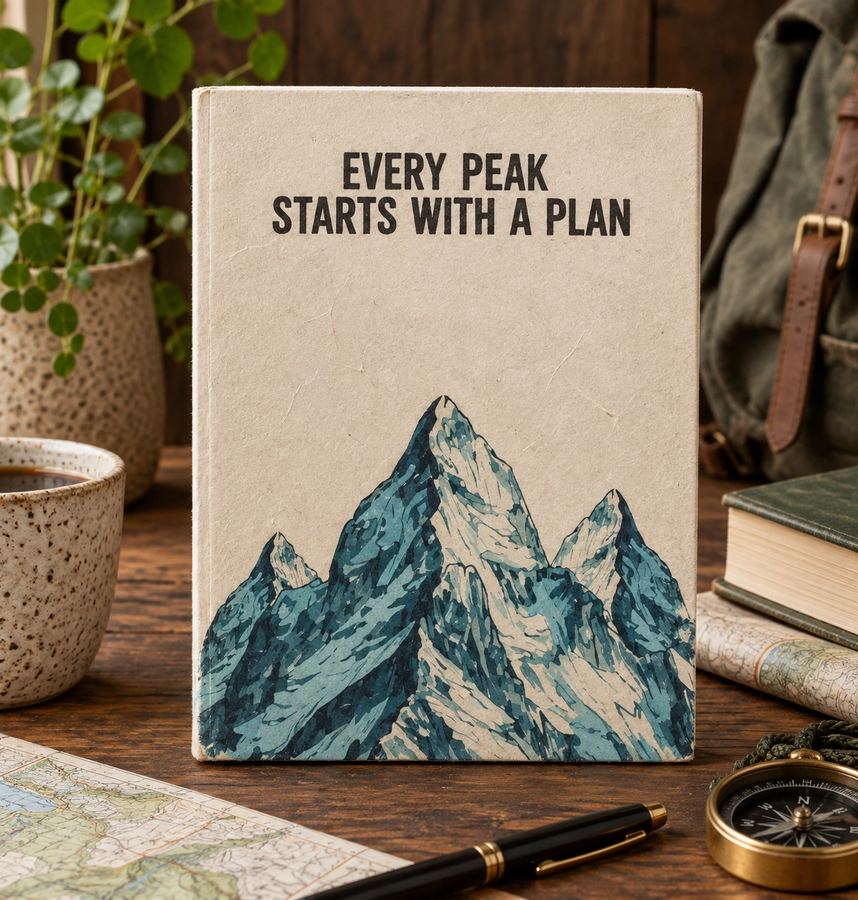 Handmade Lokta paper journal with “Every Peak Starts With a Plan” mountain design displayed on a rustic wooden table with a map, compass and natural textures
