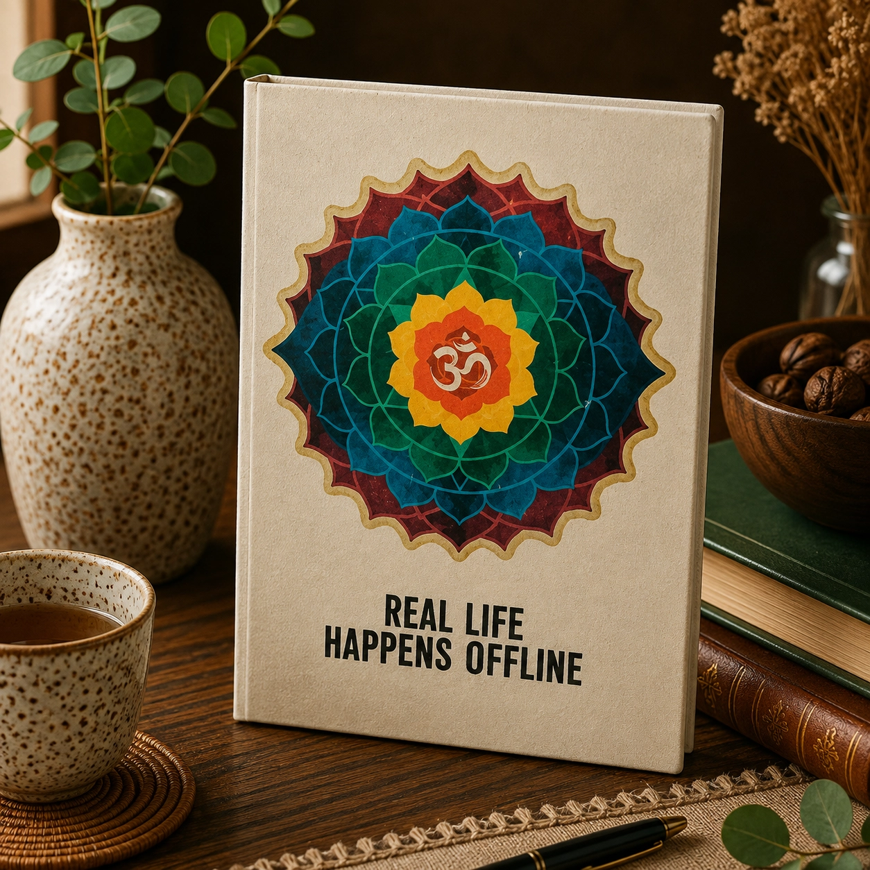 Handmade Lokta paper journal with colourful mandala design and “Real Life Happens Offline” message displayed on a rustic wooden table with natural textures