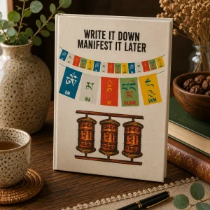 Handmade Lokta paper journal with “Write It Down Manifest It Later” design, colourful prayer flags and prayer wheels displayed on a rustic wooden table