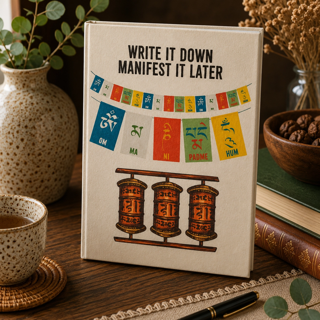 Handmade Lokta paper journal with “Write It Down Manifest It Later” design, colourful prayer flags and prayer wheels displayed on a rustic wooden table