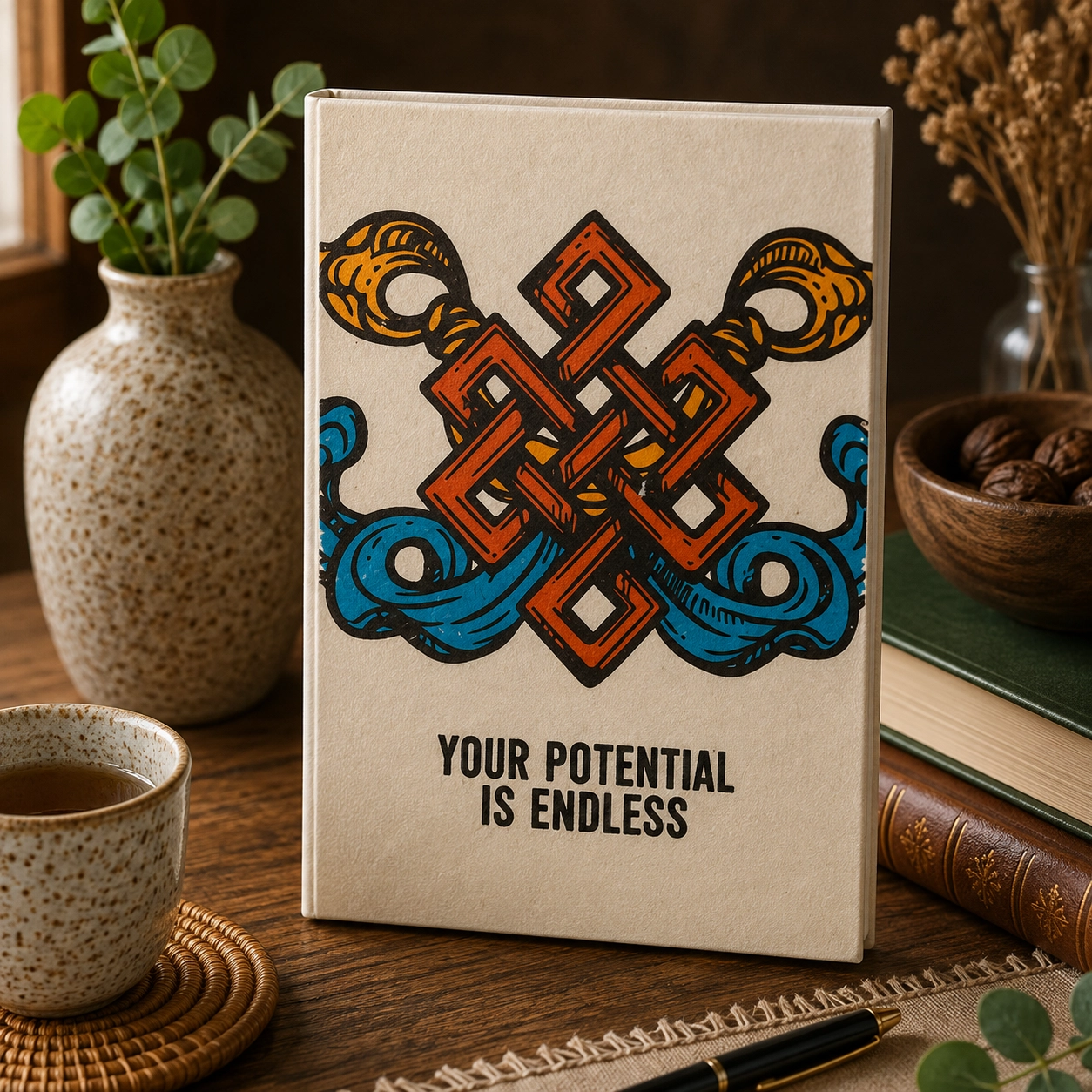 Handmade Lokta paper journal with “Your Potential Is Endless” design displayed on a rustic wooden table with natural textures