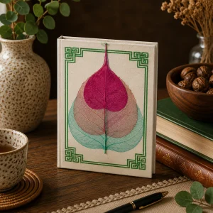 Handmade Lokta paper notebook with layered Bodhi leaf design and decorative green border displayed on a rustic wooden table with natural textures