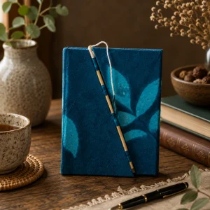 Handmade midnight blue Lokta paper notebook with turquoise leaf design and bamboo lock displayed on a rustic wooden table with natural textures