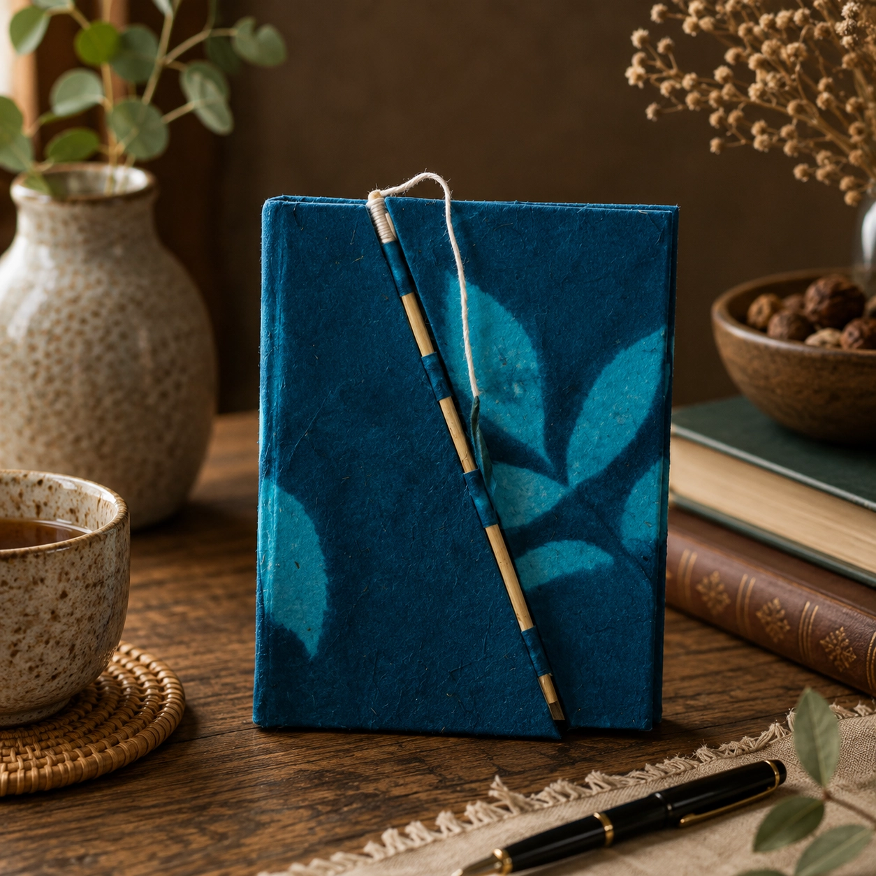 Handmade midnight blue Lokta paper notebook with turquoise leaf design and bamboo lock displayed on a rustic wooden table with natural textures