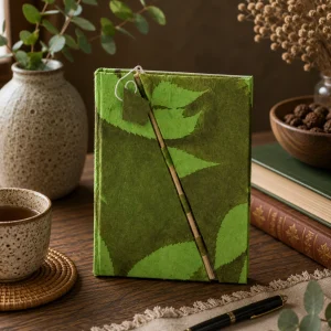 Handmade moss green Lokta paper notebook with bold leaf design and bamboo lock displayed on a rustic wooden table with natural textures